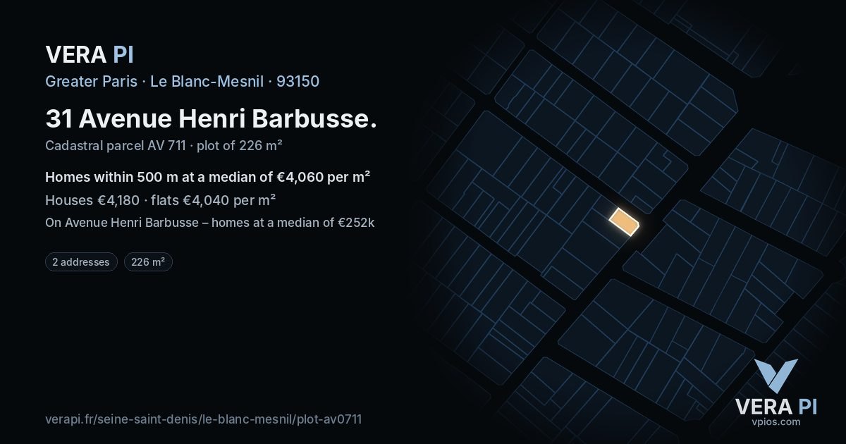 31 Avenue Henri Barbusse, Le Blanc-Mesnil at night – the plot lit, the parcels around coloured by the prices near them