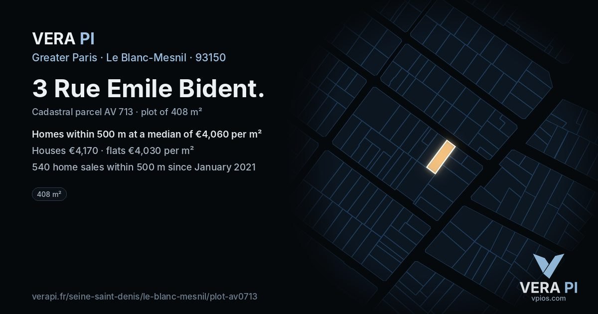 3 Rue Emile Bident, Le Blanc-Mesnil at night – the plot lit, the parcels around coloured by the prices near them