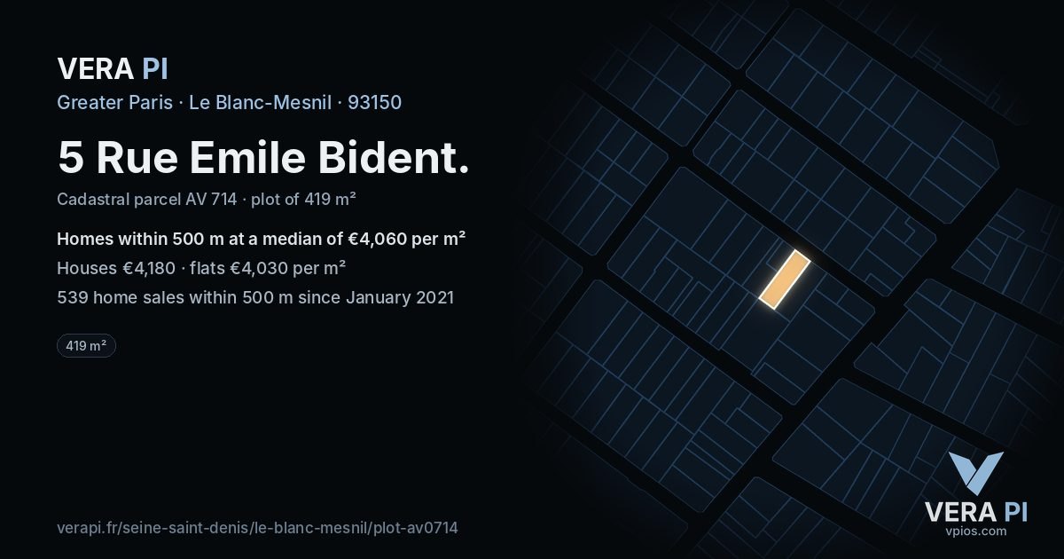 5 Rue Emile Bident, Le Blanc-Mesnil at night – the plot lit, the parcels around coloured by the prices near them