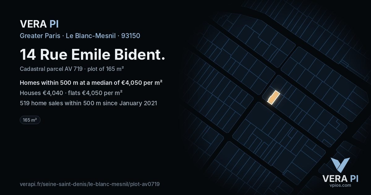 14 Rue Emile Bident, Le Blanc-Mesnil at night – the plot lit, the parcels around coloured by the prices near them
