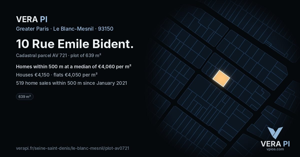 10 Rue Emile Bident, Le Blanc-Mesnil at night – the plot lit, the parcels around coloured by the prices near them