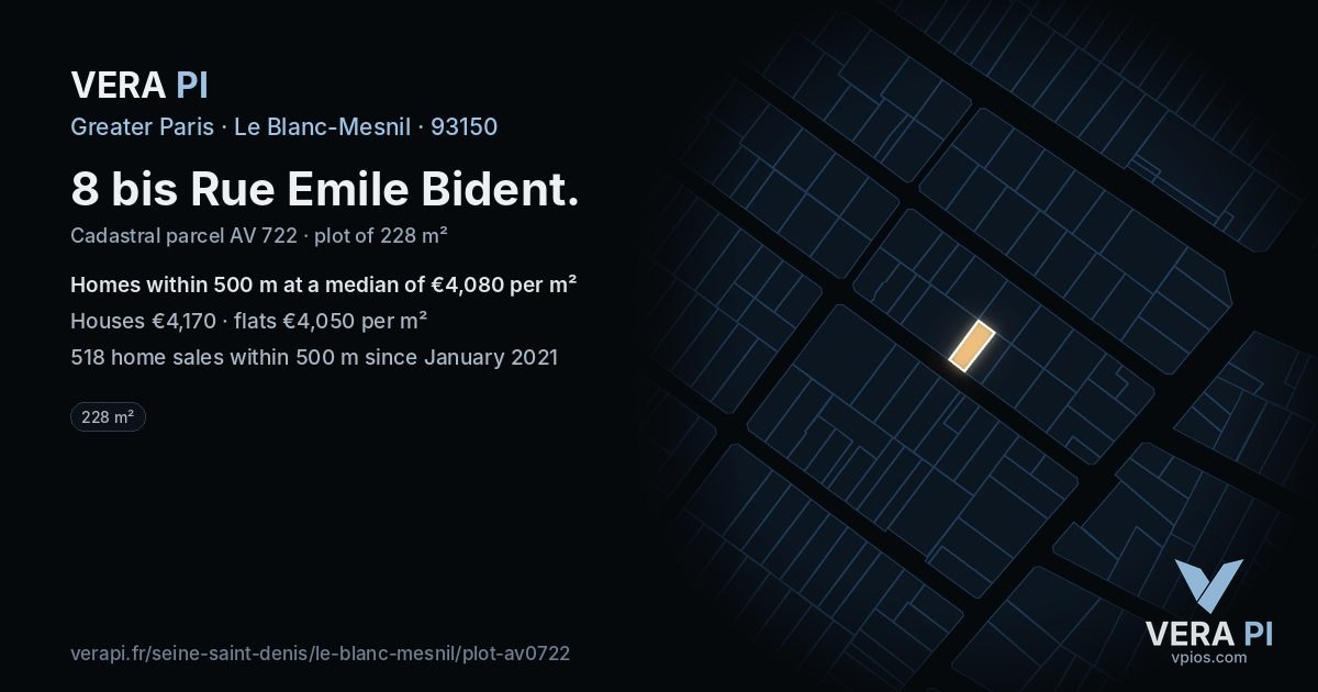 8 bis Rue Emile Bident, Le Blanc-Mesnil at night – the plot lit, the parcels around coloured by the prices near them