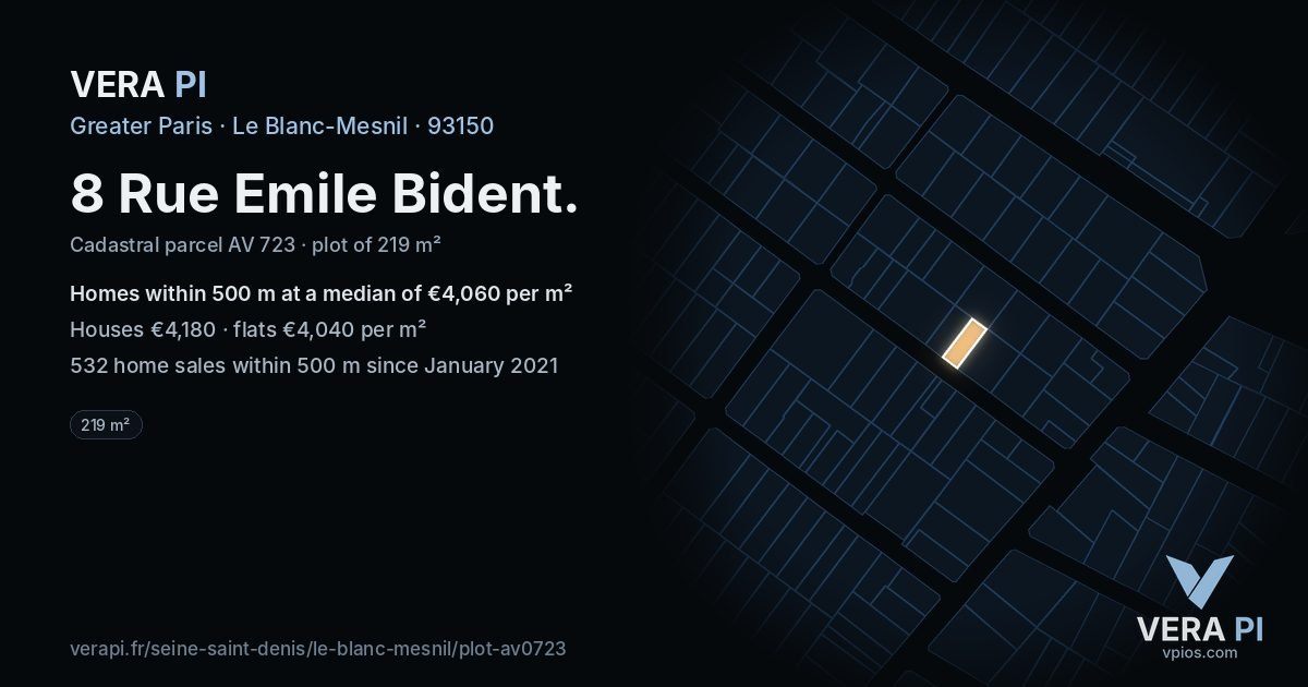 8 Rue Emile Bident, Le Blanc-Mesnil at night – the plot lit, the parcels around coloured by the prices near them
