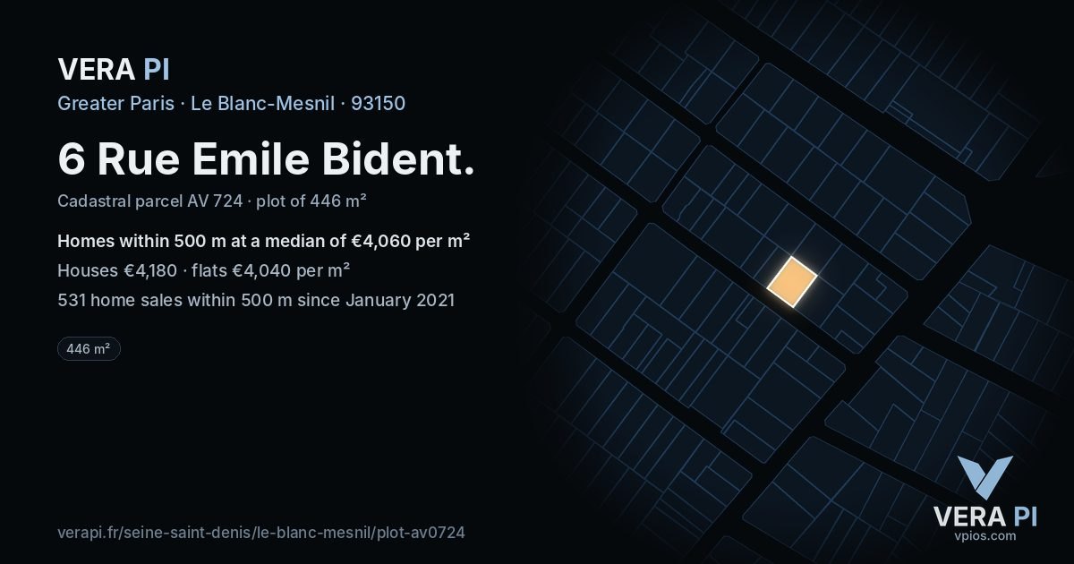 6 Rue Emile Bident, Le Blanc-Mesnil at night – the plot lit, the parcels around coloured by the prices near them