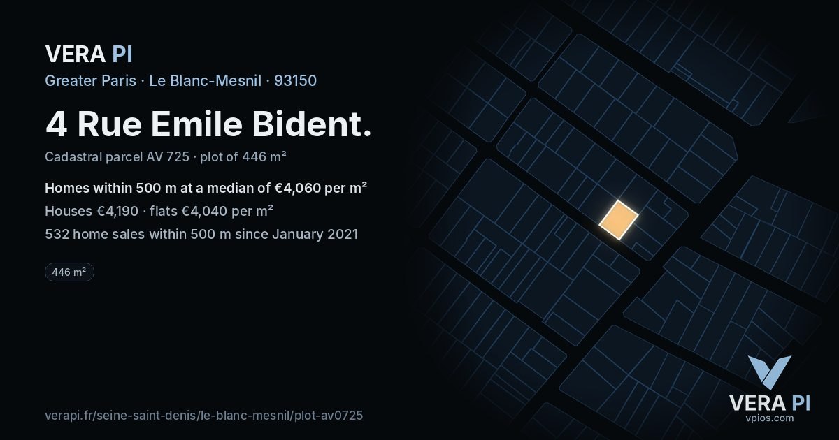 4 Rue Emile Bident, Le Blanc-Mesnil at night – the plot lit, the parcels around coloured by the prices near them