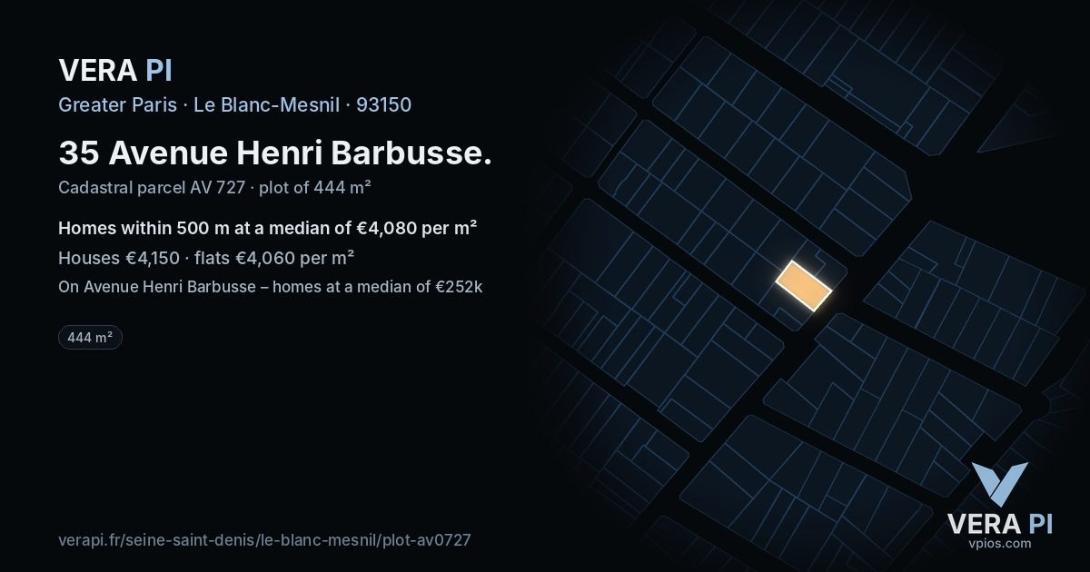 35 Avenue Henri Barbusse, Le Blanc-Mesnil at night – the plot lit, the parcels around coloured by the prices near them