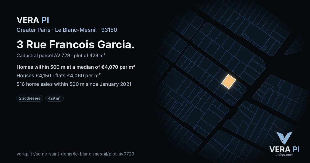 3 Rue Francois Garcia, Le Blanc-Mesnil at night – the plot lit, the parcels around coloured by the prices near them
