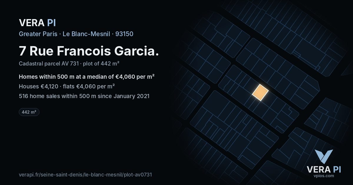 7 Rue Francois Garcia, Le Blanc-Mesnil at night – the plot lit, the parcels around coloured by the prices near them