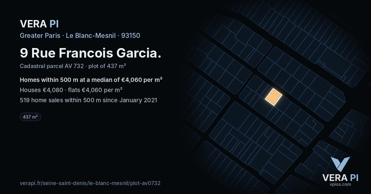 9 Rue Francois Garcia, Le Blanc-Mesnil at night – the plot lit, the parcels around coloured by the prices near them