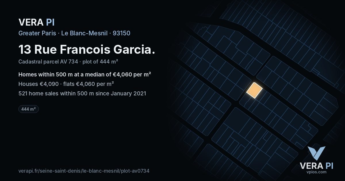 13 Rue Francois Garcia, Le Blanc-Mesnil at night – the plot lit, the parcels around coloured by the prices near them
