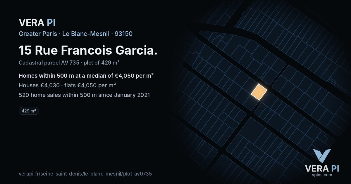 15 Rue Francois Garcia, Le Blanc-Mesnil at night – the plot lit, the parcels around coloured by the prices near them