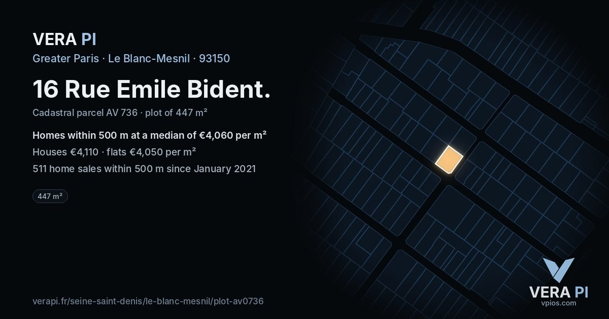 16 Rue Emile Bident, Le Blanc-Mesnil at night – the plot lit, the parcels around coloured by the prices near them