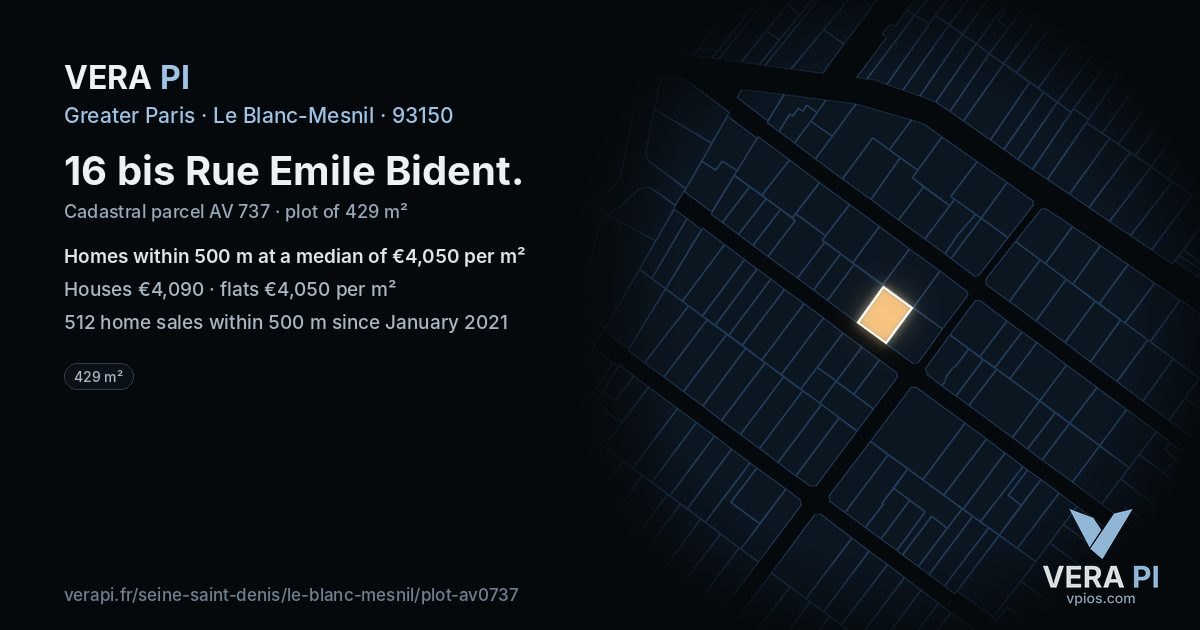 16 bis Rue Emile Bident, Le Blanc-Mesnil at night – the plot lit, the parcels around coloured by the prices near them