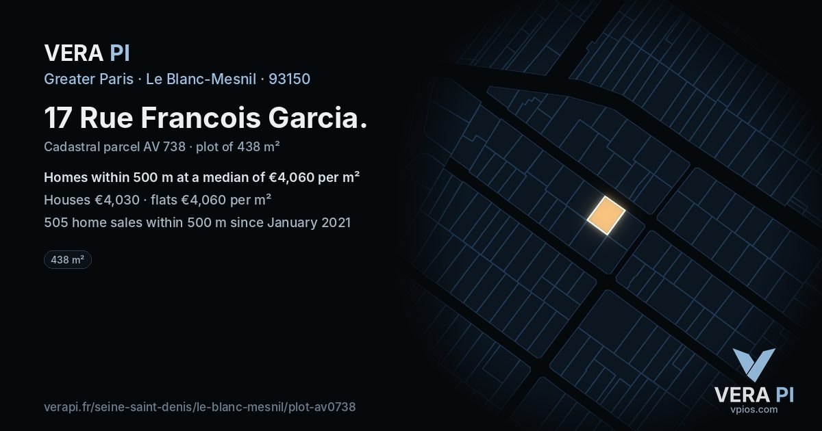 17 Rue Francois Garcia, Le Blanc-Mesnil at night – the plot lit, the parcels around coloured by the prices near them