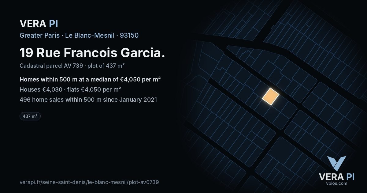 19 Rue Francois Garcia, Le Blanc-Mesnil at night – the plot lit, the parcels around coloured by the prices near them