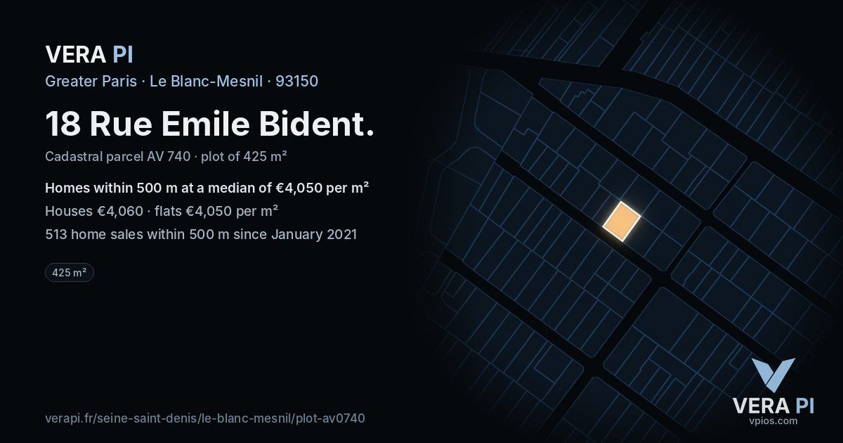 18 Rue Emile Bident, Le Blanc-Mesnil at night – the plot lit, the parcels around coloured by the prices near them