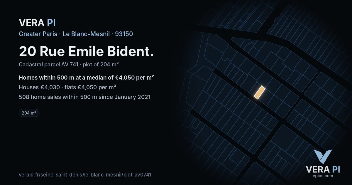 20 Rue Emile Bident, Le Blanc-Mesnil at night – the plot lit, the parcels around coloured by the prices near them