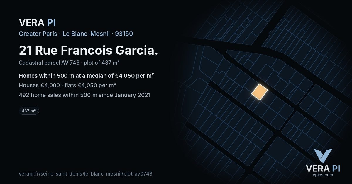 21 Rue Francois Garcia, Le Blanc-Mesnil at night – the plot lit, the parcels around coloured by the prices near them