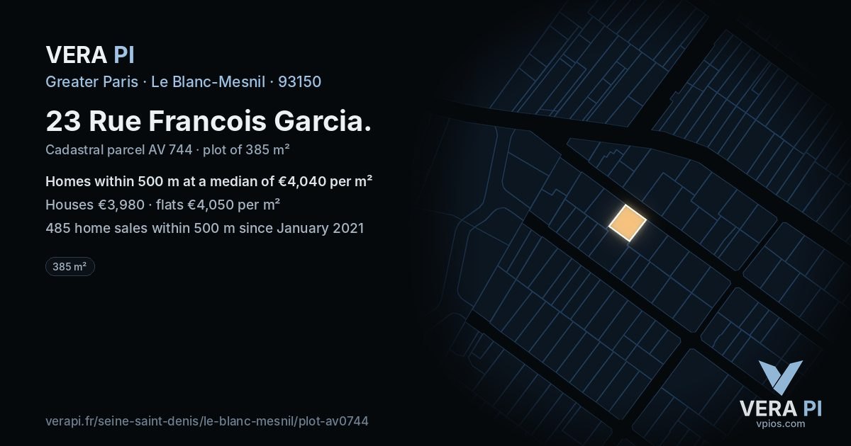 23 Rue Francois Garcia, Le Blanc-Mesnil at night – the plot lit, the parcels around coloured by the prices near them