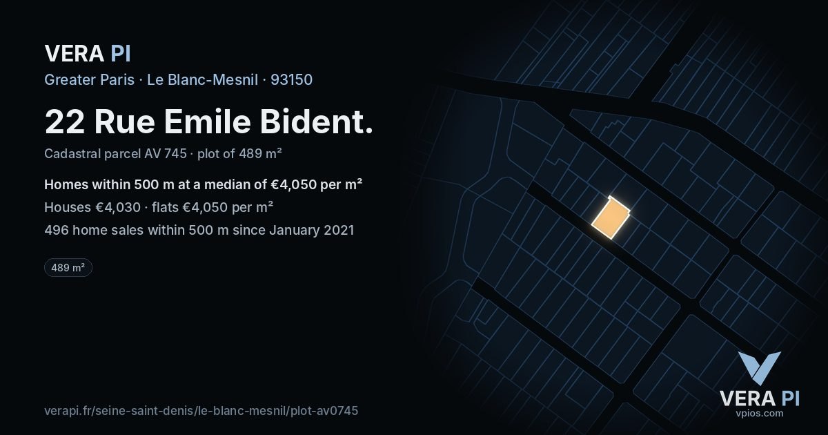 22 Rue Emile Bident, Le Blanc-Mesnil at night – the plot lit, the parcels around coloured by the prices near them