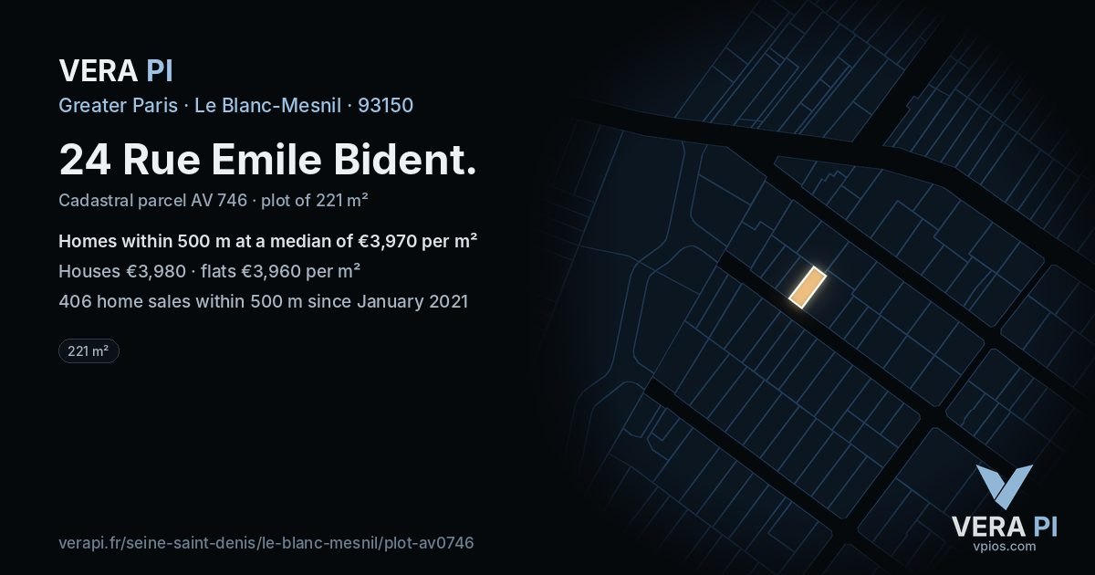 24 Rue Emile Bident, Le Blanc-Mesnil at night – the plot lit, the parcels around coloured by the prices near them