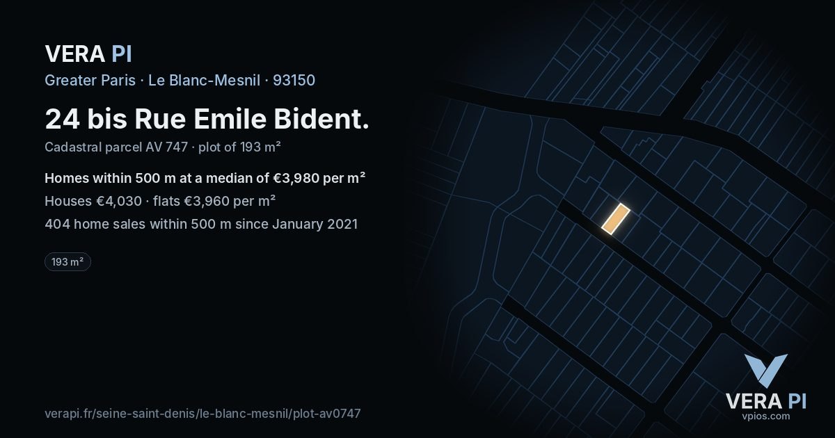 24 bis Rue Emile Bident, Le Blanc-Mesnil at night – the plot lit, the parcels around coloured by the prices near them