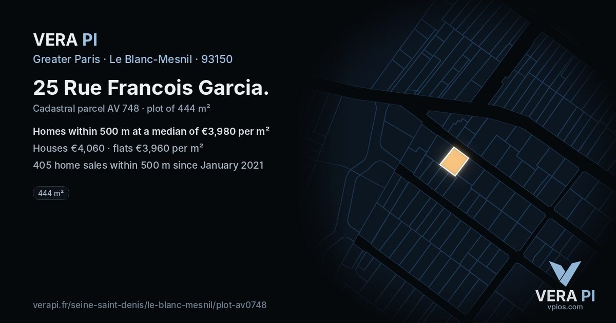 25 Rue Francois Garcia, Le Blanc-Mesnil at night – the plot lit, the parcels around coloured by the prices near them