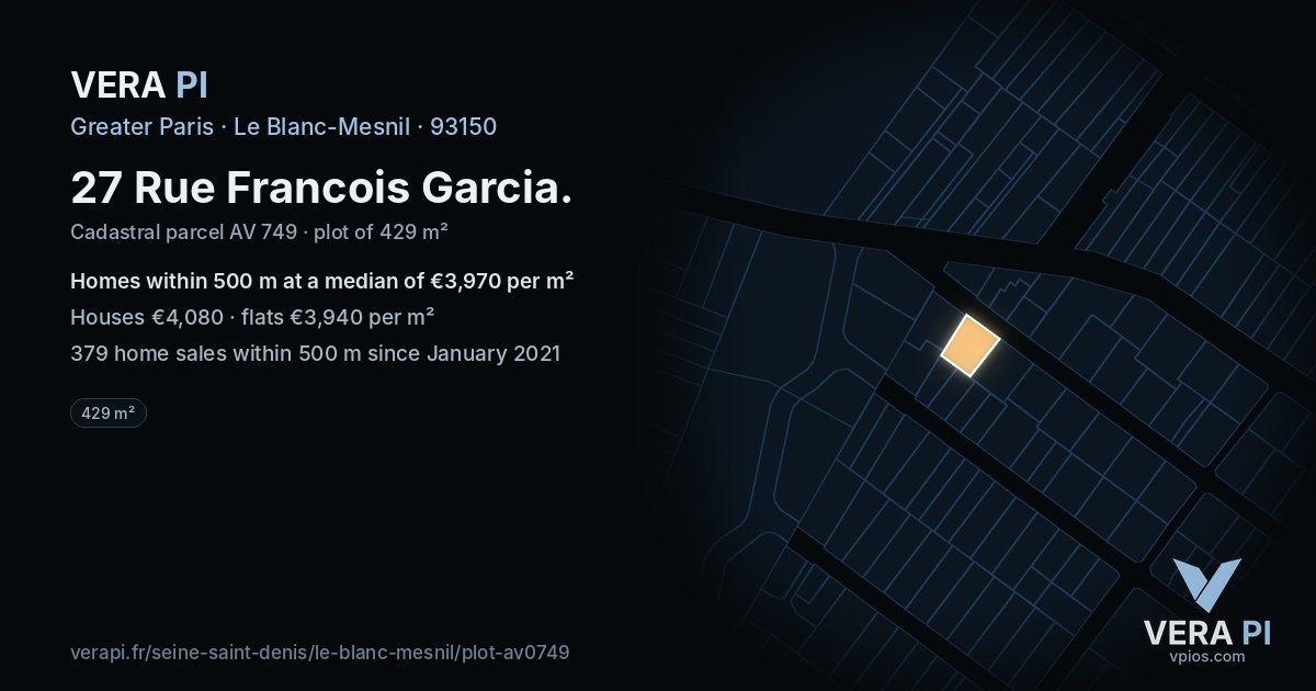 27 Rue Francois Garcia, Le Blanc-Mesnil at night – the plot lit, the parcels around coloured by the prices near them
