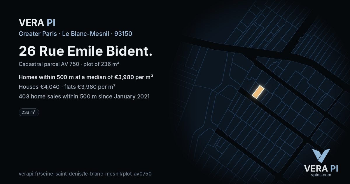 26 Rue Emile Bident, Le Blanc-Mesnil at night – the plot lit, the parcels around coloured by the prices near them