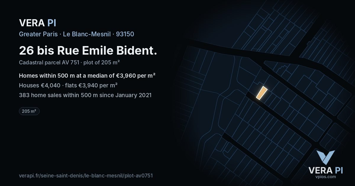 26 bis Rue Emile Bident, Le Blanc-Mesnil at night – the plot lit, the parcels around coloured by the prices near them