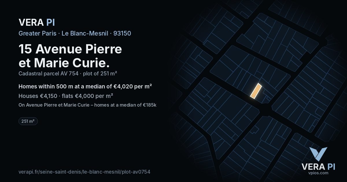 15 Avenue Pierre et Marie Curie, Le Blanc-Mesnil at night – the plot lit, the parcels around coloured by the prices near them