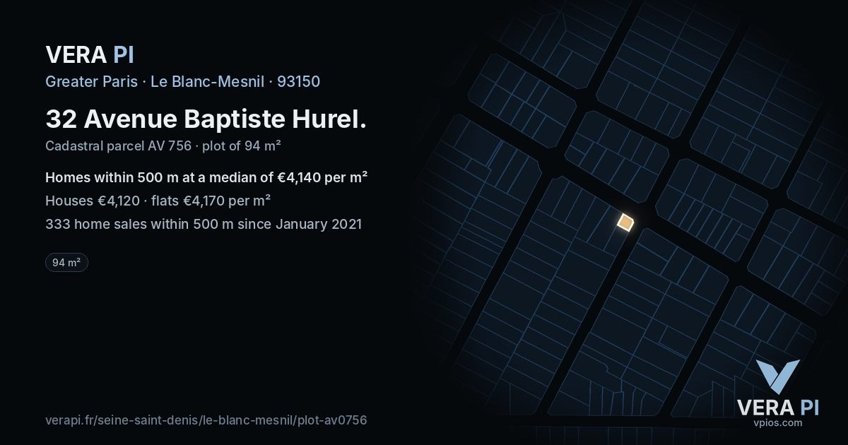 32 Avenue Baptiste Hurel, Le Blanc-Mesnil at night – the plot lit, the parcels around coloured by the prices near them