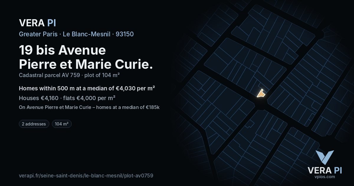 19 bis Avenue Pierre et Marie Curie, Le Blanc-Mesnil at night – the plot lit, the parcels around coloured by the prices near them