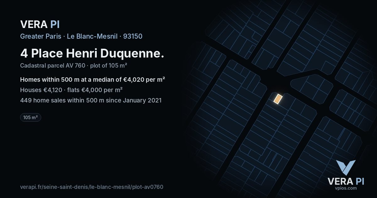 4 Place Henri Duquenne, Le Blanc-Mesnil at night – the plot lit, the parcels around coloured by the prices near them