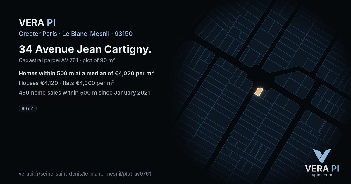 34 Avenue Jean Cartigny, Le Blanc-Mesnil at night – the plot lit, the parcels around coloured by the prices near them