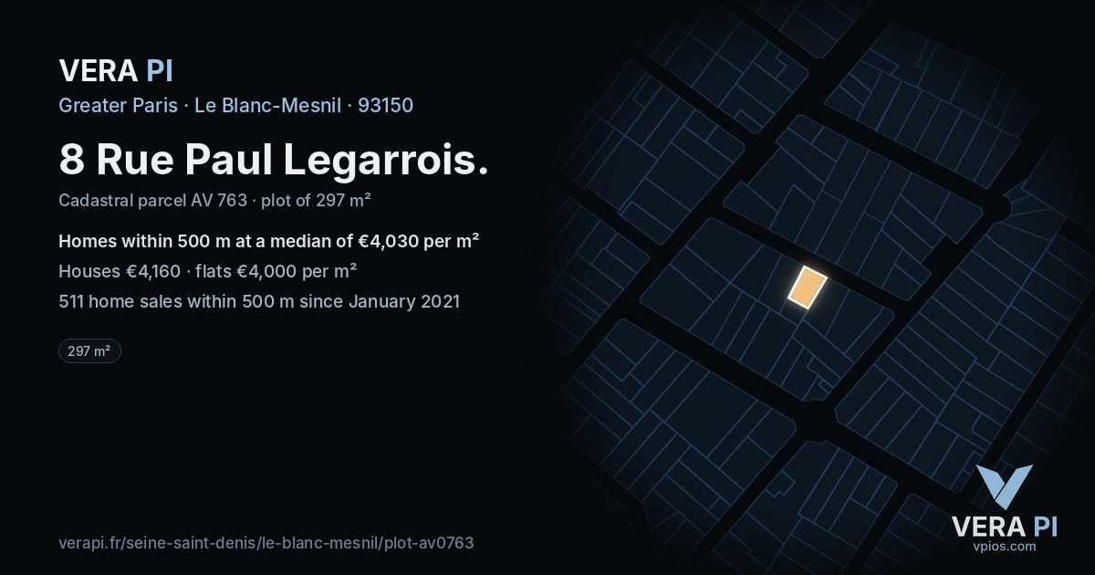 8 Rue Paul Legarrois, Le Blanc-Mesnil at night – the plot lit, the parcels around coloured by the prices near them