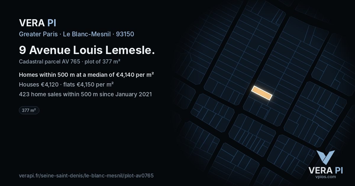 9 Avenue Louis Lemesle, Le Blanc-Mesnil at night – the plot lit, the parcels around coloured by the prices near them