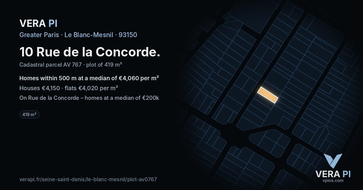 10 Rue de la Concorde, Le Blanc-Mesnil at night – the plot lit, the parcels around coloured by the prices near them
