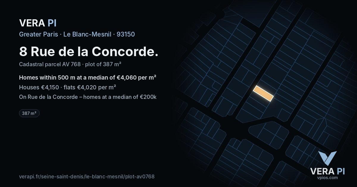 8 Rue de la Concorde, Le Blanc-Mesnil at night – the plot lit, the parcels around coloured by the prices near them