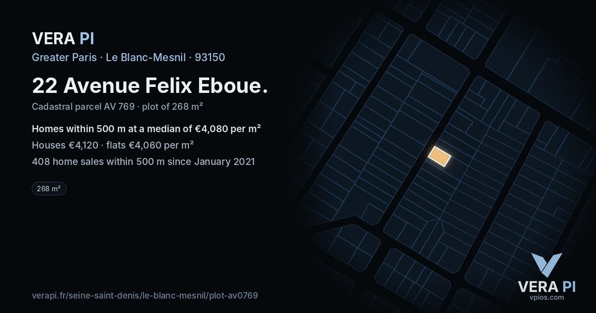 22 Avenue Felix Eboue, Le Blanc-Mesnil at night – the plot lit, the parcels around coloured by the prices near them