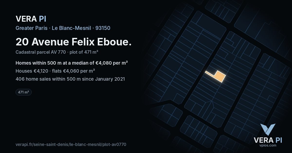 20 Avenue Felix Eboue, Le Blanc-Mesnil at night – the plot lit, the parcels around coloured by the prices near them