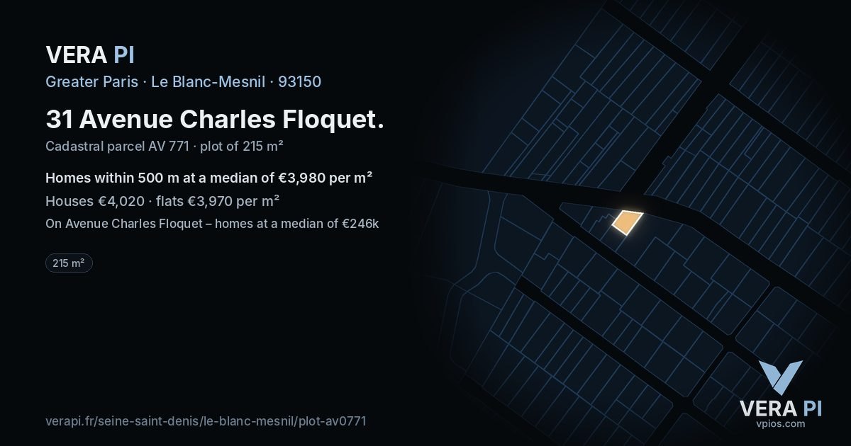 31 Avenue Charles Floquet, Le Blanc-Mesnil at night – the plot lit, the parcels around coloured by the prices near them
