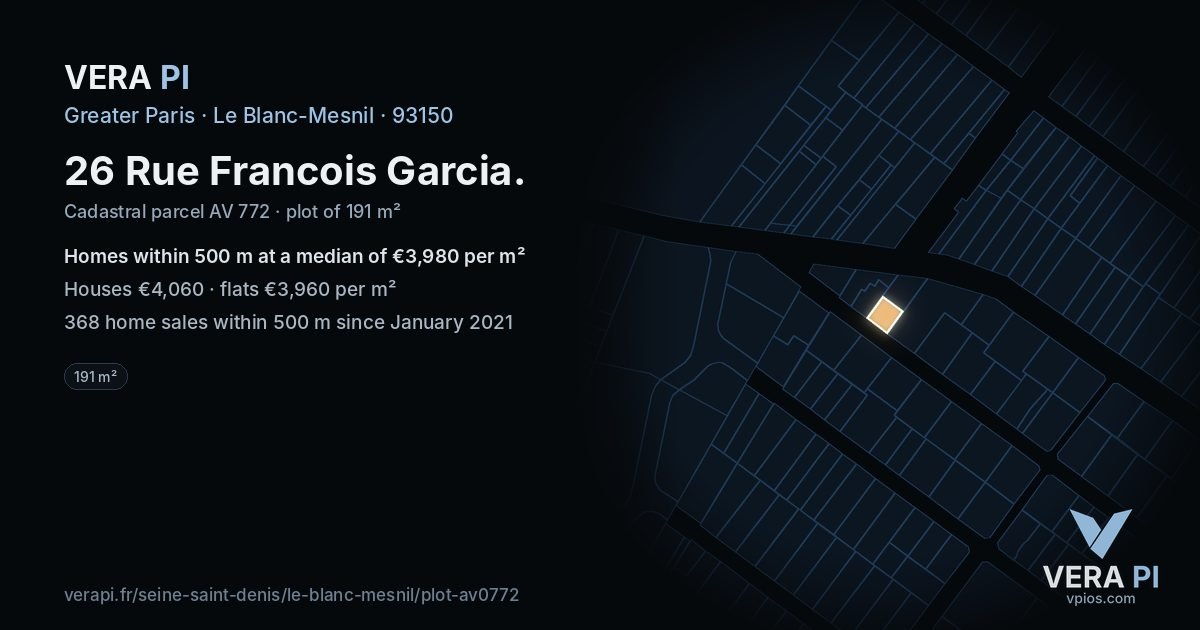 26 Rue Francois Garcia, Le Blanc-Mesnil at night – the plot lit, the parcels around coloured by the prices near them