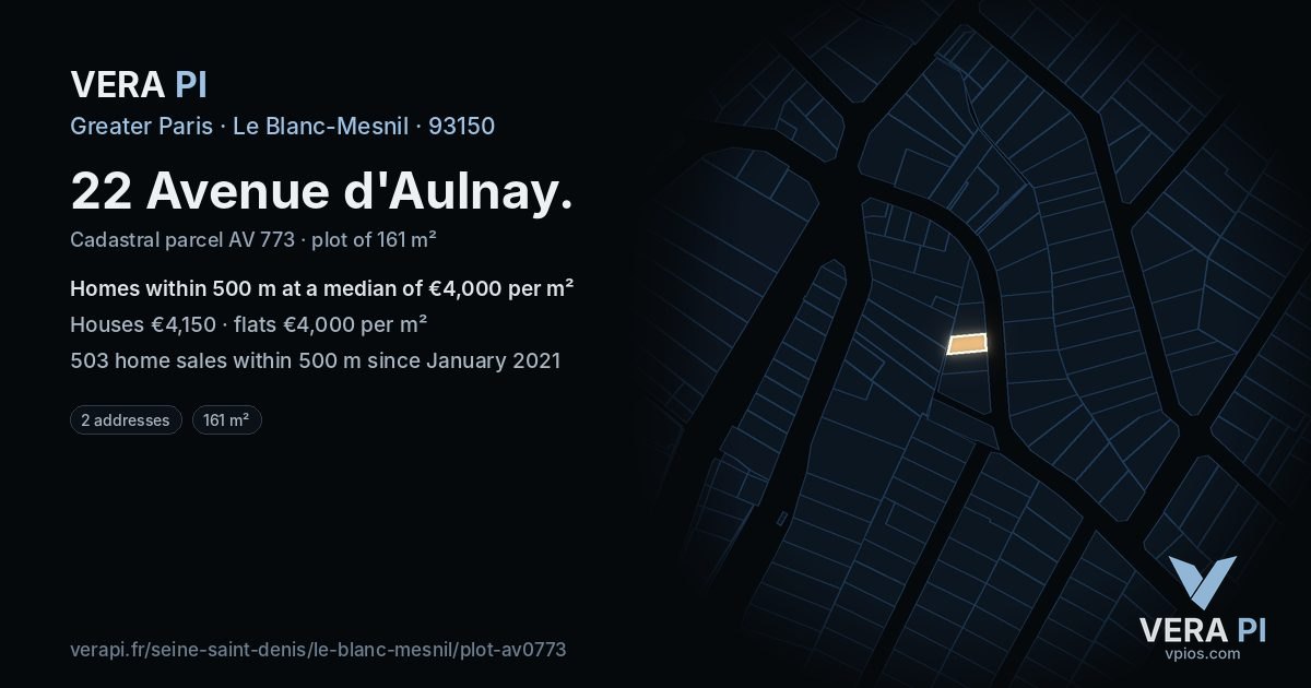 22 Avenue d'Aulnay, Le Blanc-Mesnil at night – the plot lit, the parcels around coloured by the prices near them