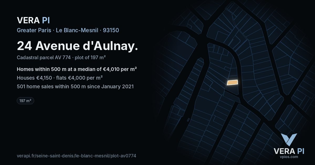 24 Avenue d'Aulnay, Le Blanc-Mesnil at night – the plot lit, the parcels around coloured by the prices near them