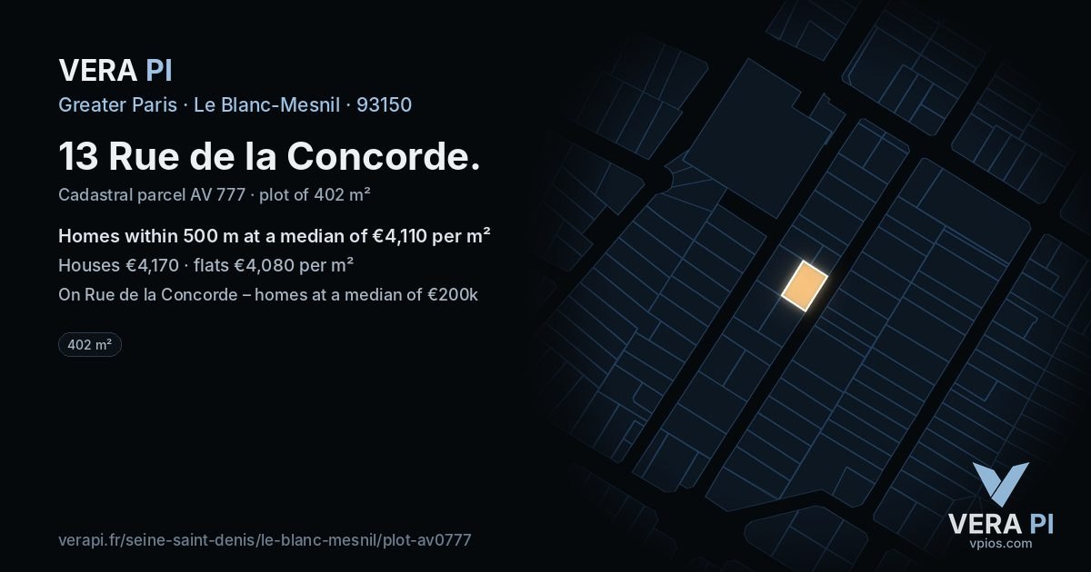 13 Rue de la Concorde, Le Blanc-Mesnil at night – the plot lit, the parcels around coloured by the prices near them