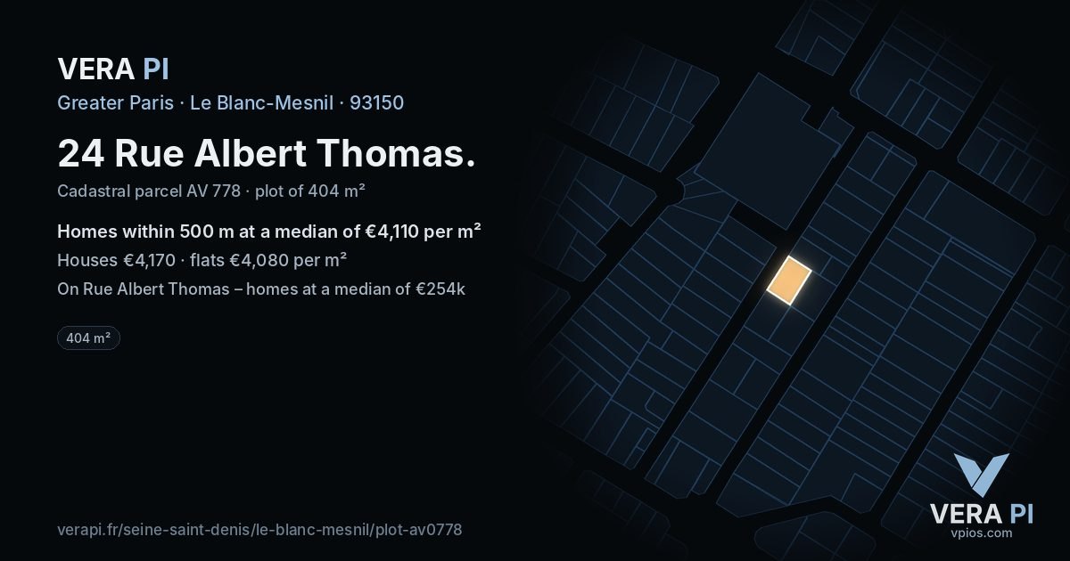 24 Rue Albert Thomas, Le Blanc-Mesnil at night – the plot lit, the parcels around coloured by the prices near them