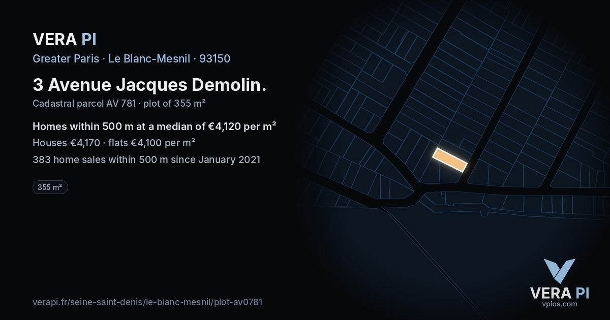 3 Avenue Jacques Demolin, Le Blanc-Mesnil at night – the plot lit, the parcels around coloured by the prices near them