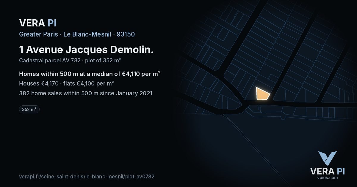 1 Avenue Jacques Demolin, Le Blanc-Mesnil at night – the plot lit, the parcels around coloured by the prices near them