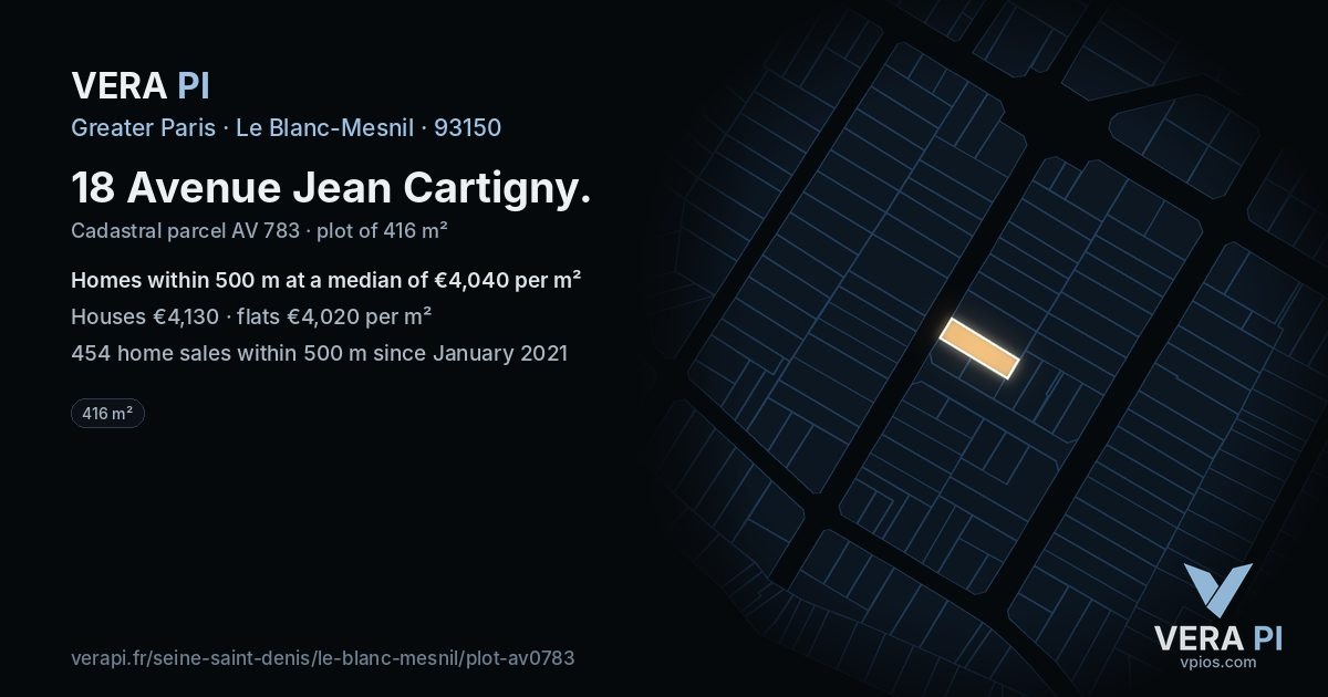 18 Avenue Jean Cartigny, Le Blanc-Mesnil at night – the plot lit, the parcels around coloured by the prices near them